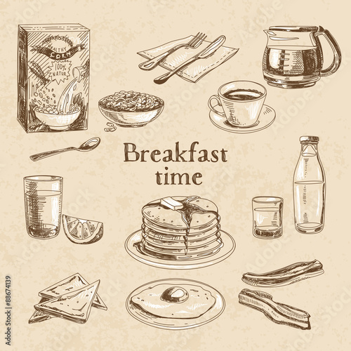 Vector breakfast hand drawn set. 