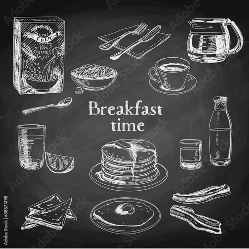 Vector breakfast hand drawn set. Vintage illustration. 