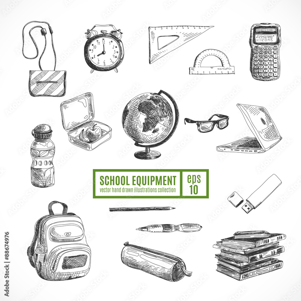 Hand drawn vector set of school items. Back to School. Hand drawn vector set of school items. Back to School.
