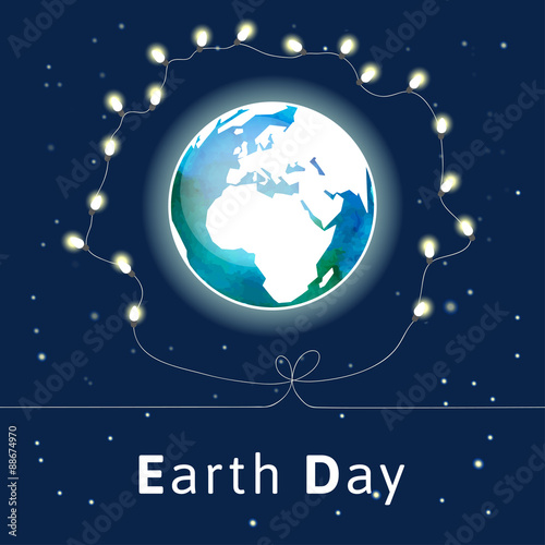 Vector illustration. Earth Day poster. Concept for celebrating of Earth Day with light bulbs. Vector background with the globe with watercolor texture and atmosphere.