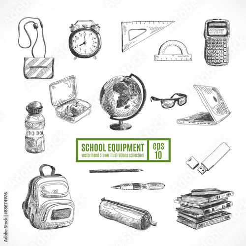 Hand drawn vector set of school items. Back to School. 