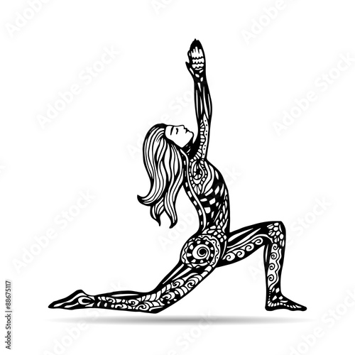 Vector yoga illustration in zentangle style. Girl in yoga pose as emblem for yoga studio, yoga center, fitness center, sport magazine, also for tattoo.  Hand drawn sketch in doodle style.