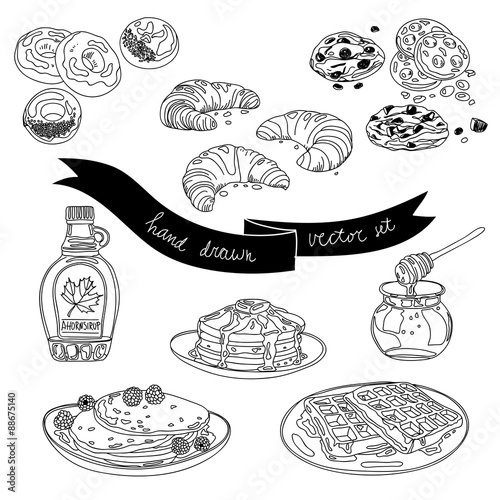 Vector hand drawn set with cakes and sweets.