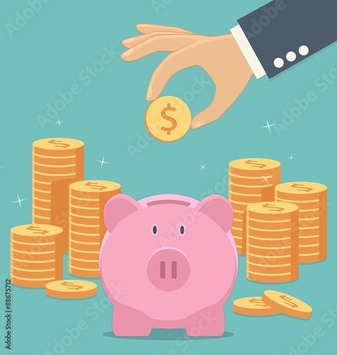 Piggy bank and hand with coin icon
