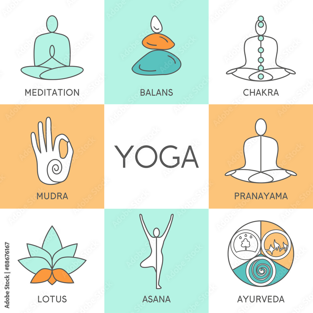 Vector yoga illustration. Set of linear yoga icons, yoga logos in ...