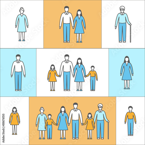 Vector illustration in linear style. Flat icons with people. Family: mother, father, daughter, son, grandfather, grandmother. People of different ages in outline style: girl, boy, woman, man, seniors.