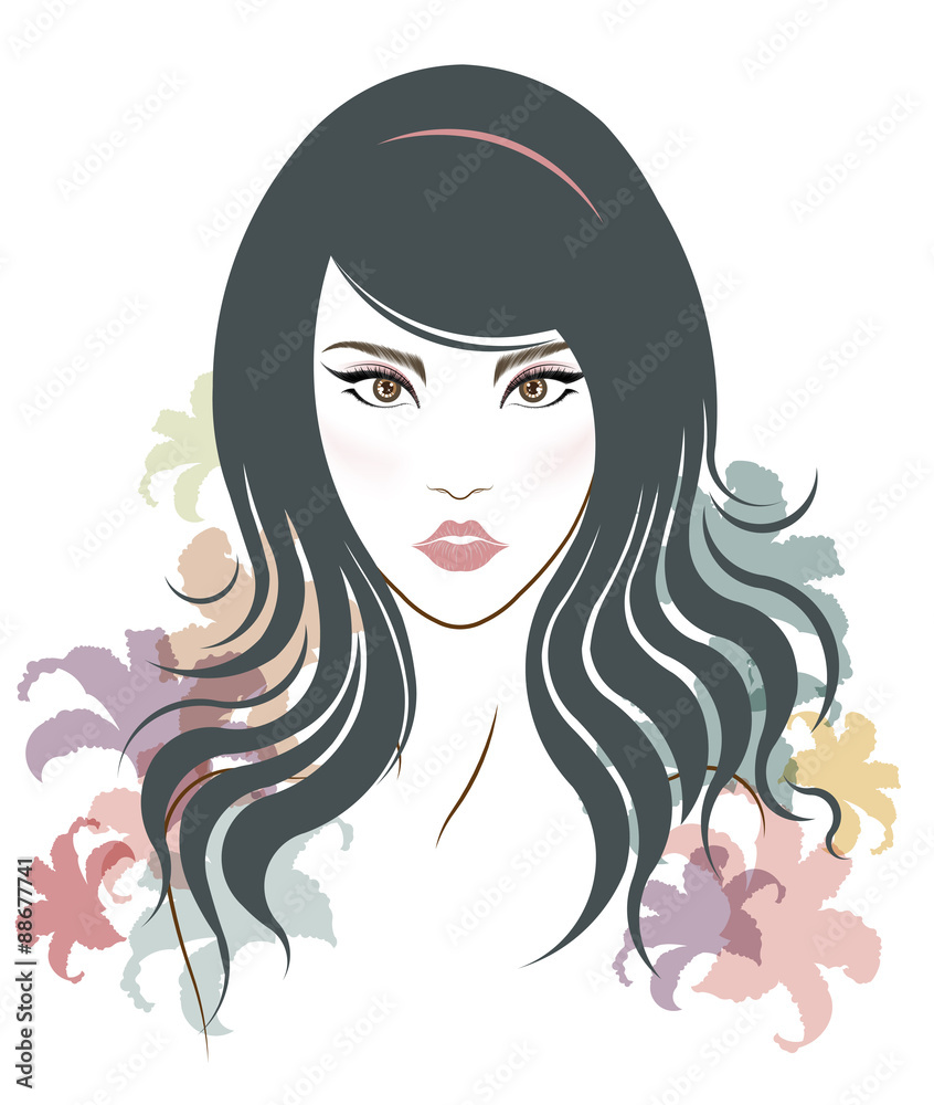 Long hair style icon, logo women face Long hair style icon, logo women face