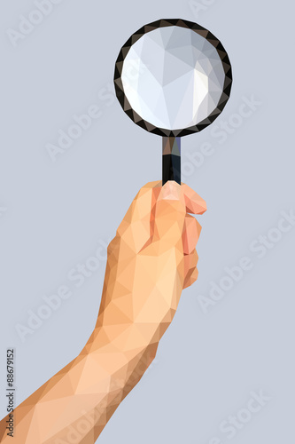 polygonal hand with a magnifying glass as a detective on blue