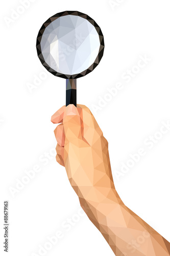 polygonal hand with a magnifying glass as a detective on white