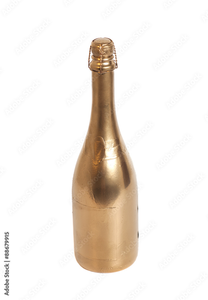 Golden champagne bottle isolated on white background