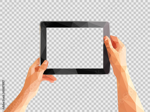 transparent polygonal hands holding a tablet Stock