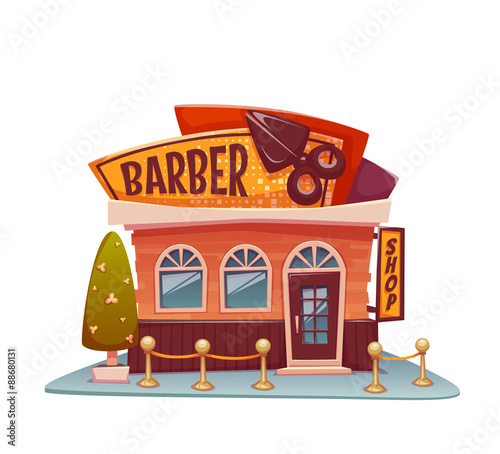 Barber shop building with bright banner. Vector illustration