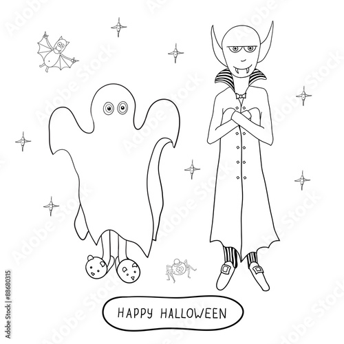 Cartoon halloween characters: ghost, vampire, spider and bat iso
