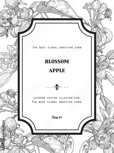Vintage Floral Greeting Card with Blooming Apple Tree. 