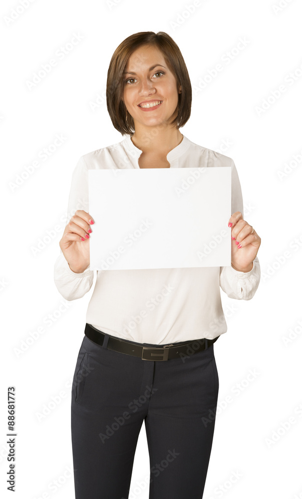 young woman with empty paper isolated in white background young woman with empty paper isolated in white background