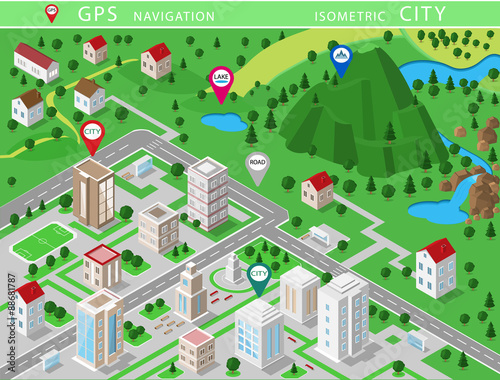 Isometric landscapes with city buildings, village, roads, parks, plains, hills, mountains, lakes, rivers and waterfall. Set of detailed city buildings. 3d isometric map with gps navigation 