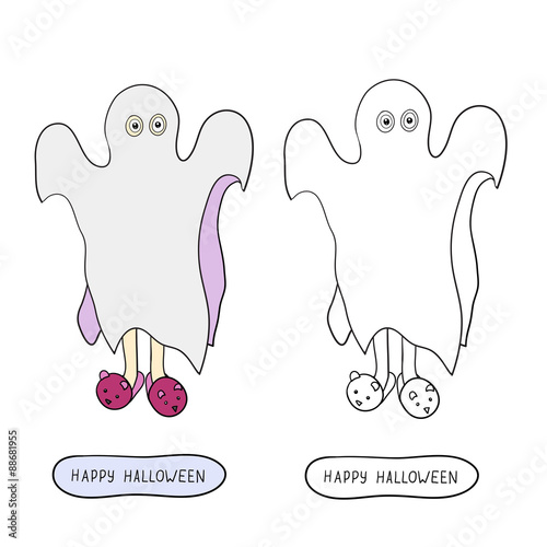 Cartoon ghost in badspread on white background