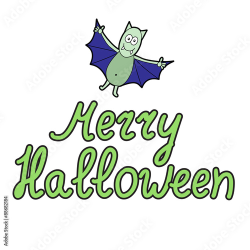 Cartoon word merry halloween and cartoon bat on white background