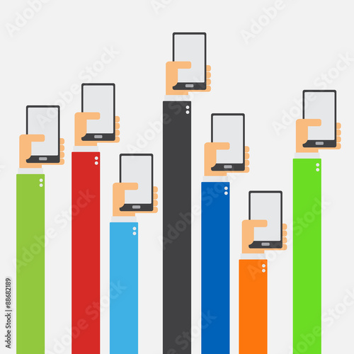 Hands raised holding smartphone flat design
