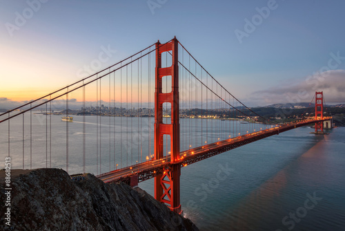 Golden Gate Bridge at sunrise.