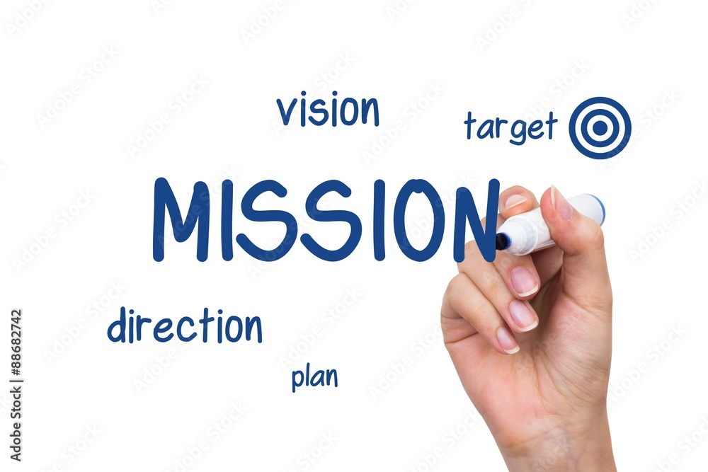 Hand writing company mission content with blue marker Hand writing company mission content with blue marker