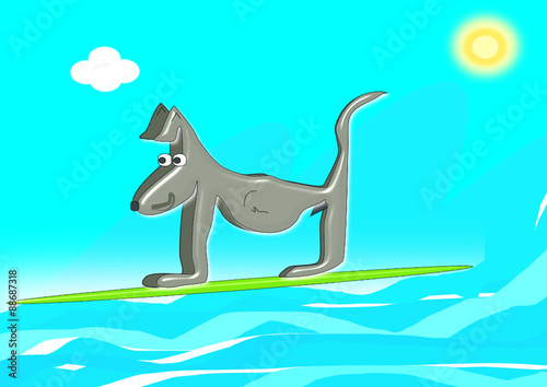 Perro practicando el surf en un espléndido y soleado día