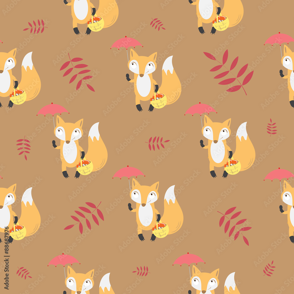 Autumn seamless pattern with foxes and leaves on a brown background. Autumn seamless pattern with foxes and leaves on a brown background.