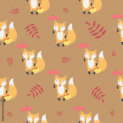 Autumn seamless pattern with foxes and leaves on a brown background.