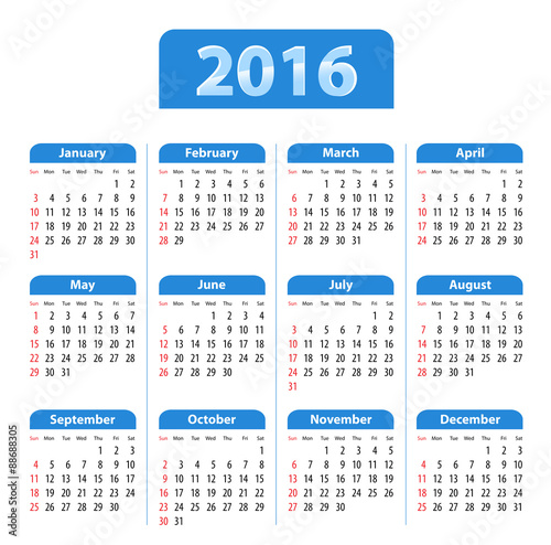 Blue glossy English calendar for 2016