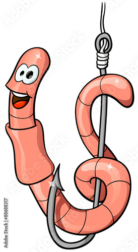 Cartoon worm on a hook, vector illustration