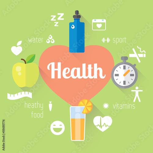 Flat stylish illustration banners set. Medicine and health care, food, sport theme.