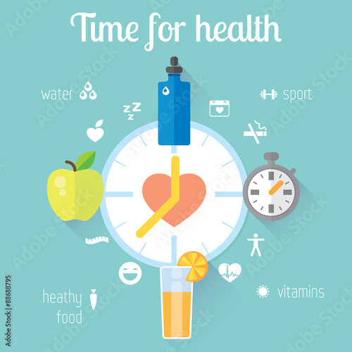 Flat stylish illustration banners set. Medicine and health care, food, sport theme.