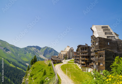  Strange wooden  buildings in  Avoriaz , French mountain resort, in the middle of the Porte du Soleil , Alps Mountains.
