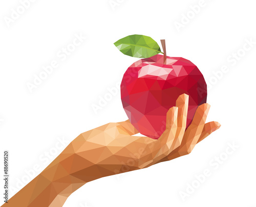 polygonal hand holding a red apple