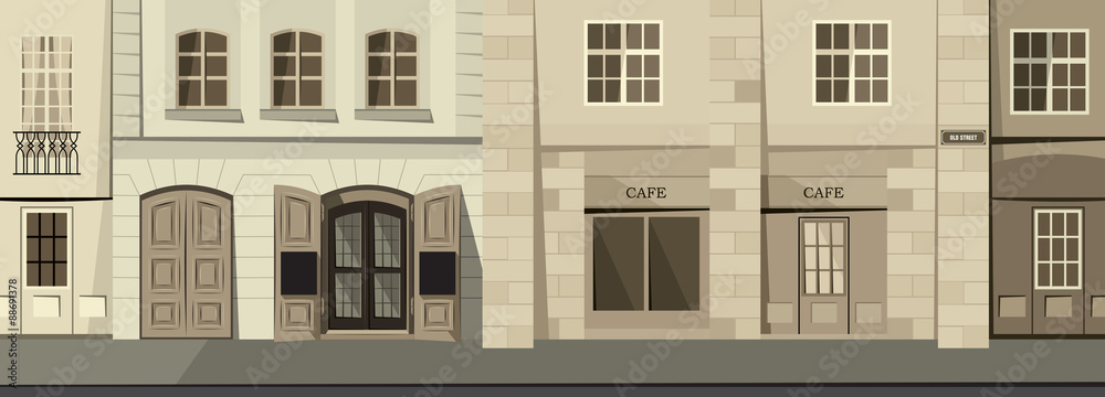Small panorama street in the historic town - retro theme - vector illustration