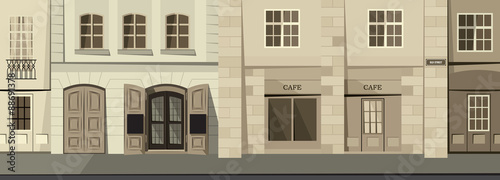 Small panorama street in the historic town - retro theme - vector illustration
