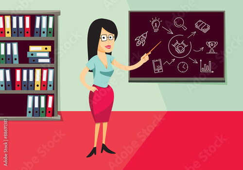 Nice manager explaining business strategy. Company staff training. Business infographics management template with icon. Vector simple illustration.