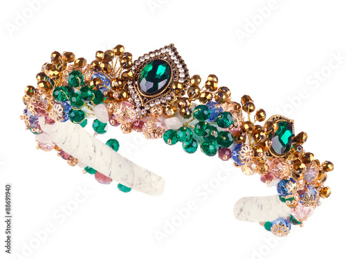 Luxury jewelry handmade tiara with green emerald, crystals and golden beads 