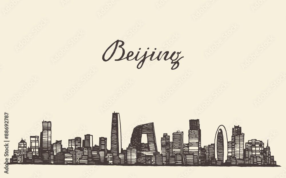 Beijing skyline vector engraved drawn sketch