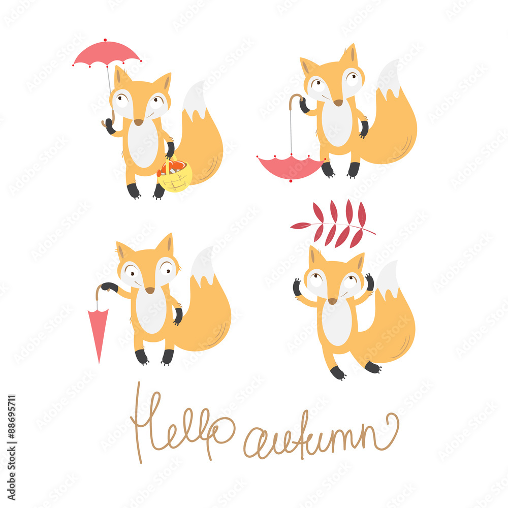 Autumn set with four cute cartoon foxes and umbrellas.