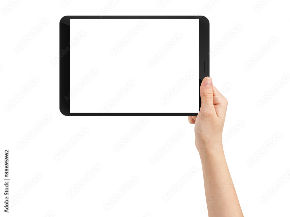 female teen hand using tablet pc with white screen, isolated female teen hand using tablet pc with white screen, isolated