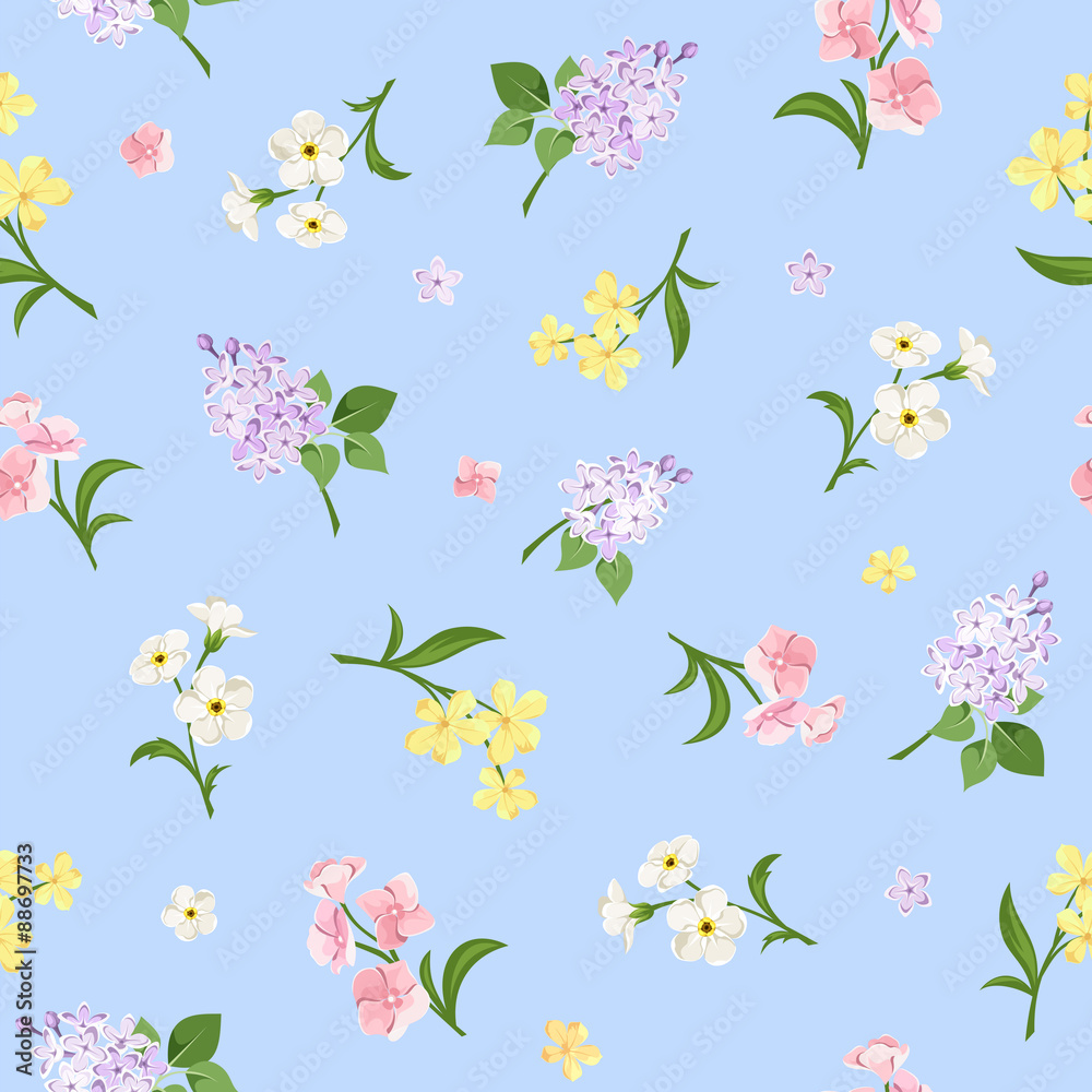 Fototapeta premium Seamless pattern with colorful flowers on blue. Vector illustration.