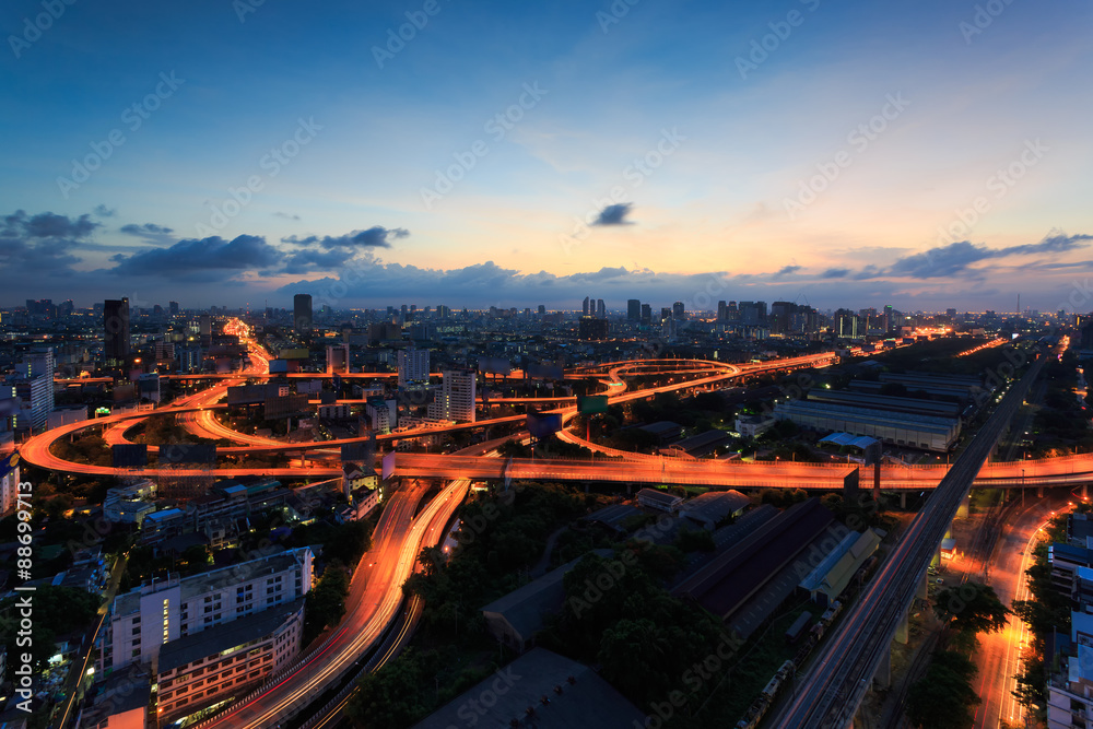 Bangkok city night view with main traffic highway , Thailand