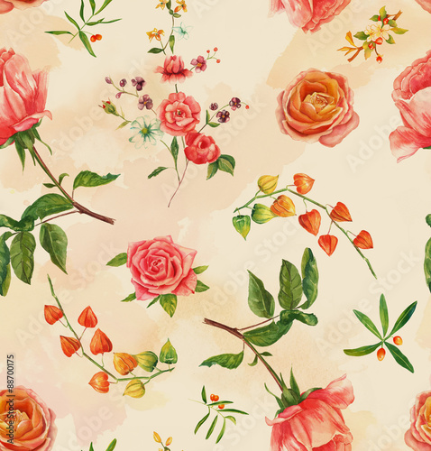 Vintage style watercolour roses seamless background pattern