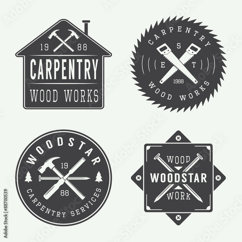 Set of vintage carpentry and mechanic labels, emblems and logo