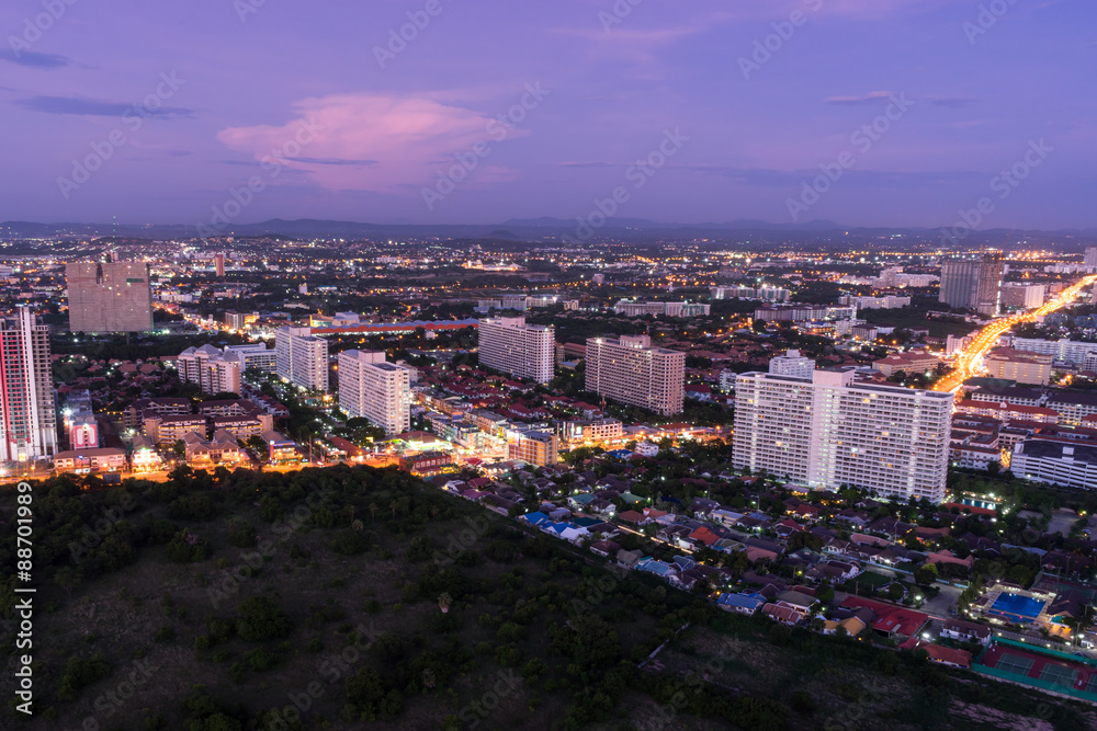 view from pattaya park tower can see pattaya city at dusk