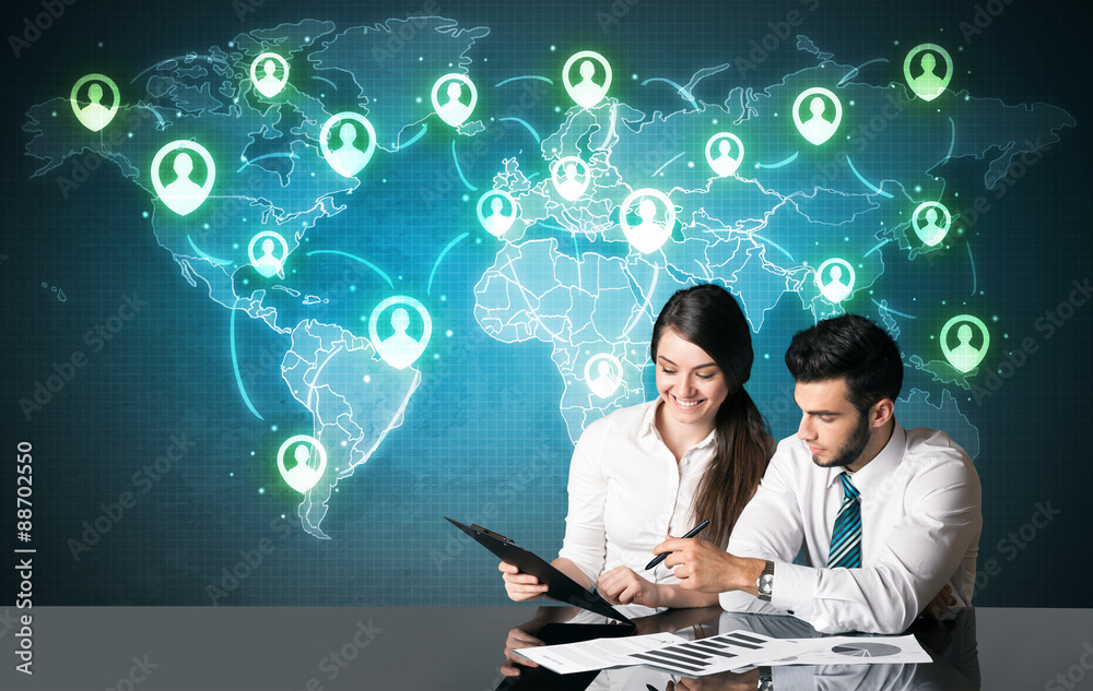 Business couple with social media connection Business couple with social media connection