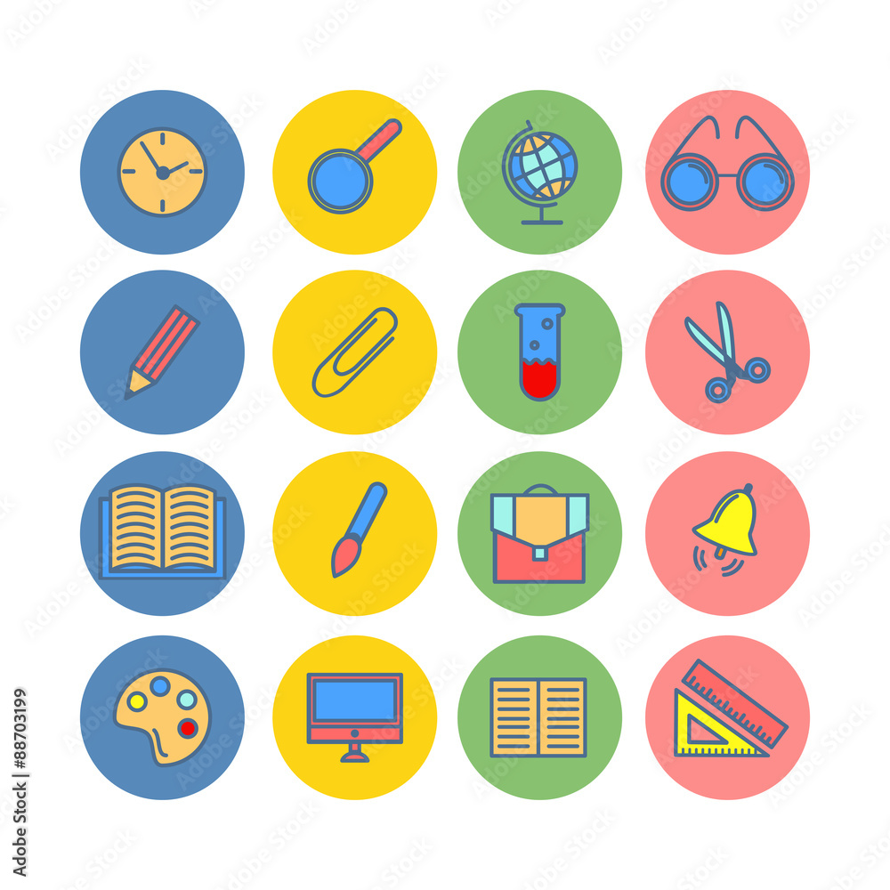 Color set of flat icons. Back to school. School supplies. Vector Color set of flat icons. Back to school. School supplies. Vector