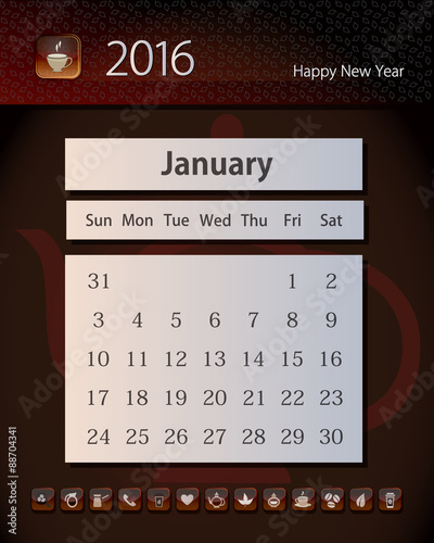 Template business calendar 2016 with design in tea, coffee and chocolate colors, January
