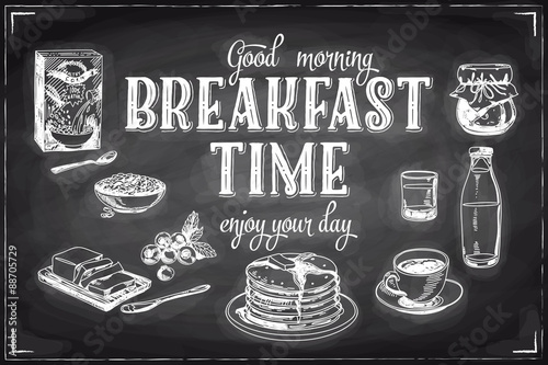 Vector hand drawn breakfast and branch background on chalkboard.